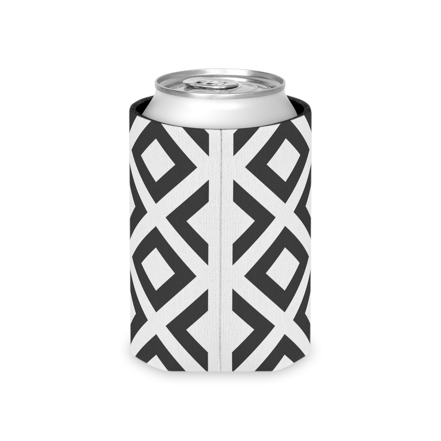 Geometric Black & White Can Cooler — Retro Diamond Pattern Koozie