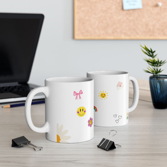 Aesthetic Retro Smiley & Flowers Ceramic Mug – 11oz / 15oz Cute Coffee Cup