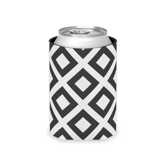 Geometric Black & White Can Cooler — Retro Diamond Pattern Koozie